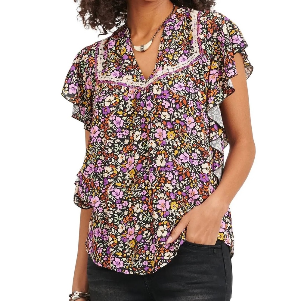 Democracy Multicolor Floral Blouse with Ruffle Sleeves EUC Size XL